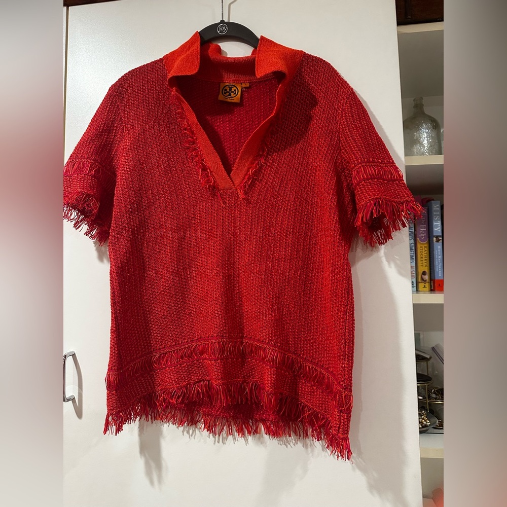 Tori Burch Pink 100% Cotton beautiful top with fringe EUC